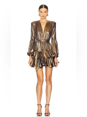Bronx & Banco Metallic Gold Ruffle Long-Sleeve Mini Dress